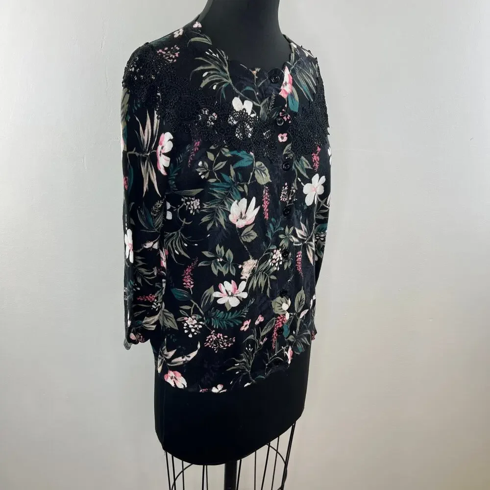 KATE SPADE Botanical Pima Cotton 3/4 Sleeve Lace Accent Knit Cardigan Size S